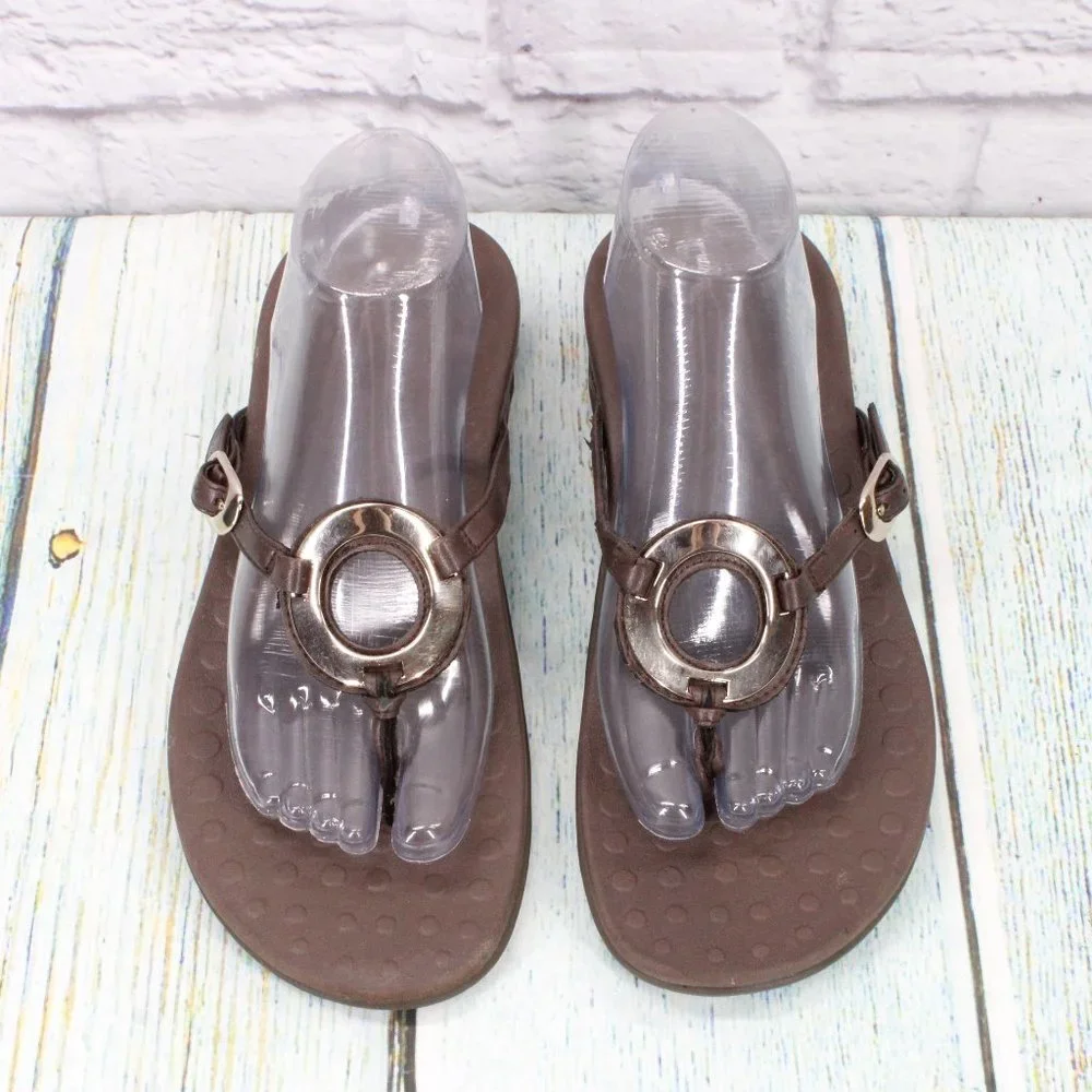 OrthaHeel Yolanda Brown Leather Flip Flop Orthotic Thong Sandals Size 11 - Picture 5 of 9